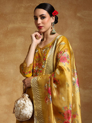 Varanga Women Floral Motif Thread Embroidered Yoke Kurta with Trouser & Dupatta